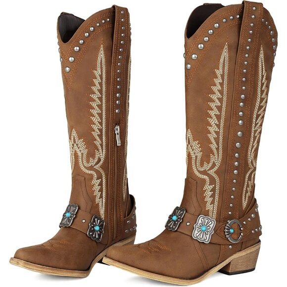 Women's Metallic Buckle Turquoise Knee High Rubber Rivet Western Brown Boots - Picture 2 of 6